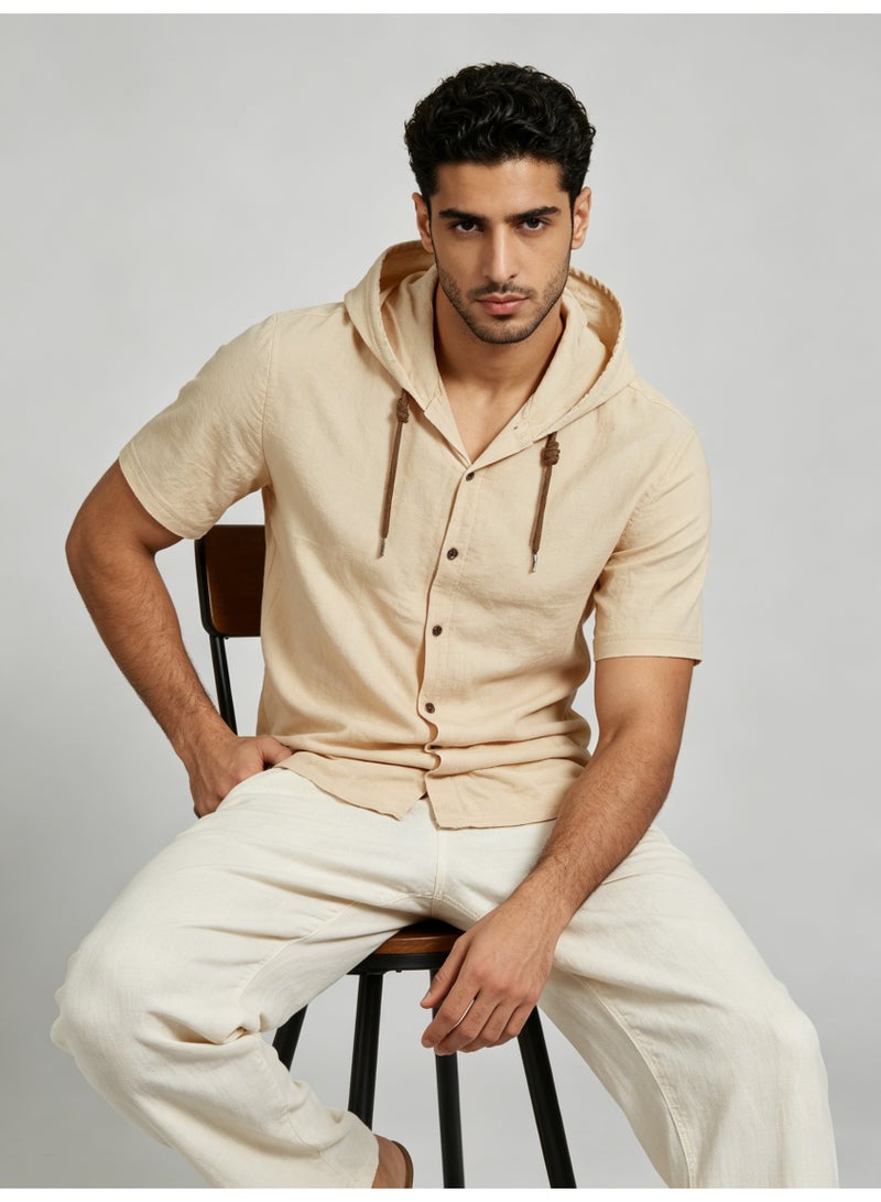 زارا ZARA Men’s Beige Short Sleeve Hooded Button Front Shirt - Image 4