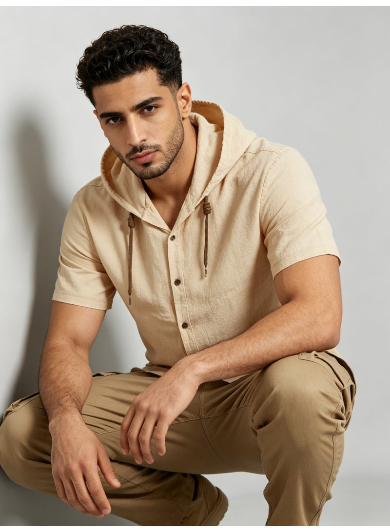 زارا ZARA Men’s Beige Short Sleeve Hooded Button Front Shirt - Image 3
