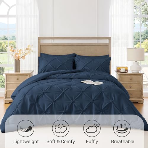 UNIKOME King Size Comforter Set Navy/Royal Blue - Ultra Soft Pintuck Down Alternative Bedding Set for All Seasons, 3 Pieces Lightweight Warm Pinch Pleat Bed Set with Comforter, 2 Pillowcases - Image 2