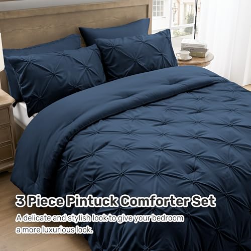 UNIKOME King Size Comforter Set Navy/Royal Blue - Ultra Soft Pintuck Down Alternative Bedding Set for All Seasons, 3 Pieces Lightweight Warm Pinch Pleat Bed Set with Comforter, 2 Pillowcases - Image 5