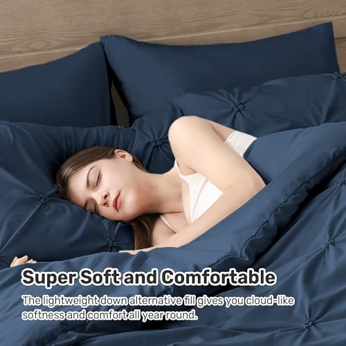 UNIKOME King Size Comforter Set Navy/Royal Blue - Ultra Soft Pintuck Down Alternative Bedding Set for All Seasons, 3 Pieces Lightweight Warm Pinch Pleat Bed Set with Comforter, 2 Pillowcases - Image 3