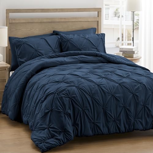 UNIKOME King Size Comforter Set Navy/Royal Blue - Ultra Soft Pintuck Down Alternative Bedding Set for All Seasons, 3 Pieces Lightweight Warm Pinch Pleat Bed Set with Comforter, 2 Pillowcases - Image 1