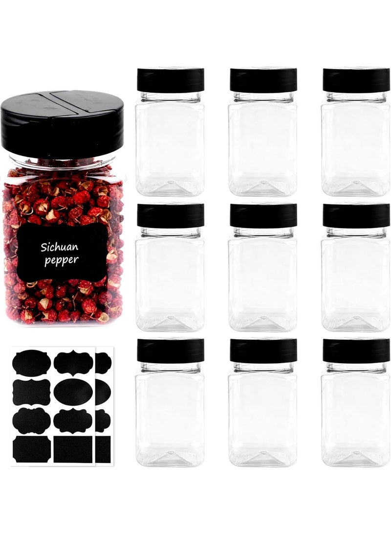 طقم برطمانات توابل بلاستيكية - 9 قطع  طقم مكون من 9 قطع من برطمانات التوابل البلاستيكية بسعة 12 أونصة (حوالي 355 مل)، تأتي بتصميم مربع شفاف مع أغطية سوداء محكمة الغلق. الزجاجات مزودة بفتحات رش (Shaker) وتتضمن ملصقات لتنظيم وتخزين التوابل، القهوة، الشاي، والأعشاب بشكل أنيق وعصري. - Image 3