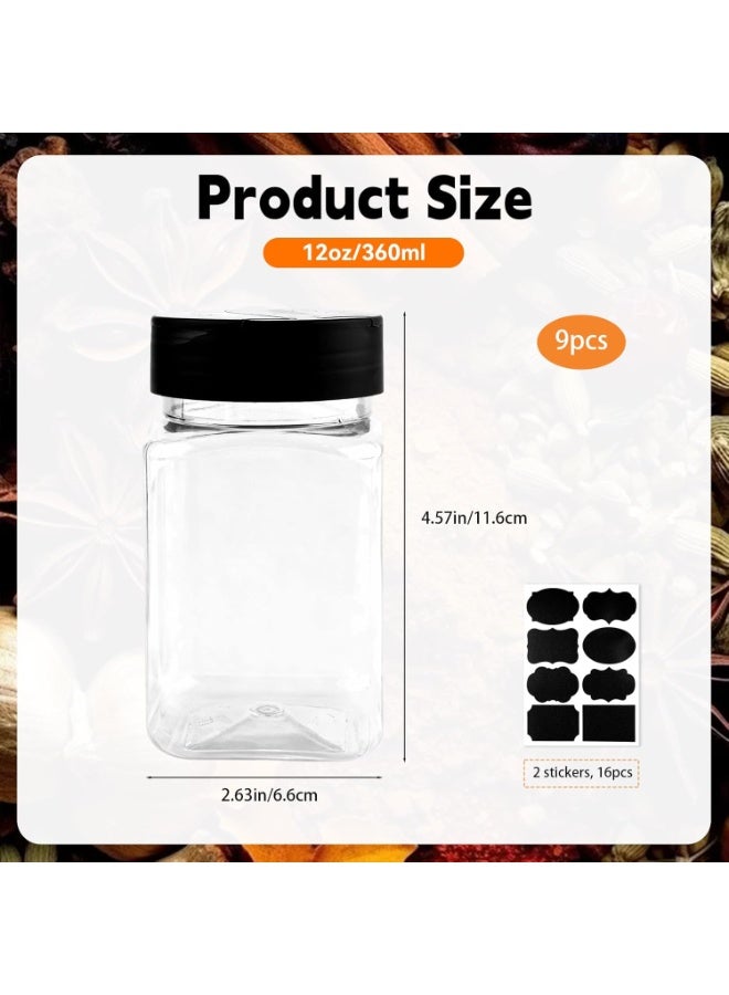 طقم برطمانات توابل بلاستيكية - 9 قطع  طقم مكون من 9 قطع من برطمانات التوابل البلاستيكية بسعة 12 أونصة (حوالي 355 مل)، تأتي بتصميم مربع شفاف مع أغطية سوداء محكمة الغلق. الزجاجات مزودة بفتحات رش (Shaker) وتتضمن ملصقات لتنظيم وتخزين التوابل، القهوة، الشاي، والأعشاب بشكل أنيق وعصري. - Image 5