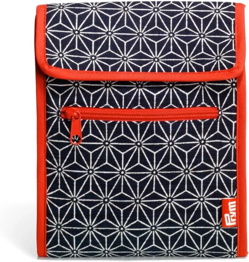 PRYM Circular Knitting Needle Case – 9” x 7-1/4” Fan-Fold Organizer with 10 Pockets, Magnetic Closure & Zip Accessory Pocket - Navy Geometric - Image 1