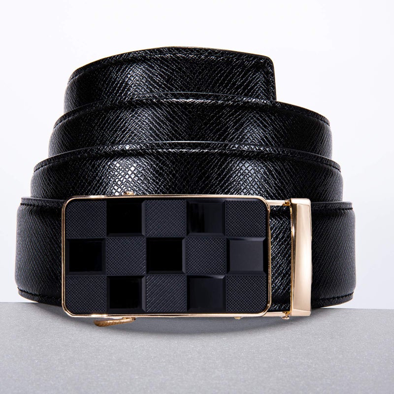 Dubulle Men's Ratchet Belts Black Gold Chessboard Automatic Buckle Sliding Leather Strap Business Casual Belt Gift - Adjustable Cut to Fit - Image 2