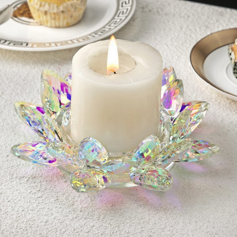 Large Crystal Lotus 7 Width Candle Holder Tealight Pillar Candle Holder Candlestick Glass Votive Candle Holder for Christmas Wedding Dinner Table Decor