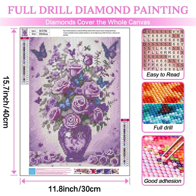 DIYCYCY Floral&Butterfly Diamond Art Kits for Adults Beginners,DIY 5D Diamond Painting Flowers,Round Full Drill Gem Art for Adults,Diamond Dots Paintings Picture Crafts Home Wall Decor 12x16 in - Image 4