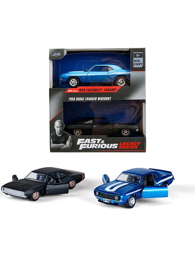 JADA Fast and Furious Legacy Series Twin Pack: 1969 Chevrolet Camaro and 1968 Dodge Charger Widebody with Opening Doors, Freewheel Vehicle, 1:32 Scale, Multicolored - Image 4