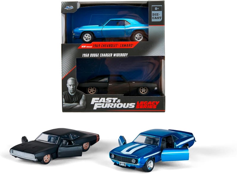 JADA Fast and Furious Legacy Series Twin Pack: 1969 Chevrolet Camaro and 1968 Dodge Charger Widebody with Opening Doors, Freewheel Vehicle, 1:32 Scale, Multicolored - Image 1