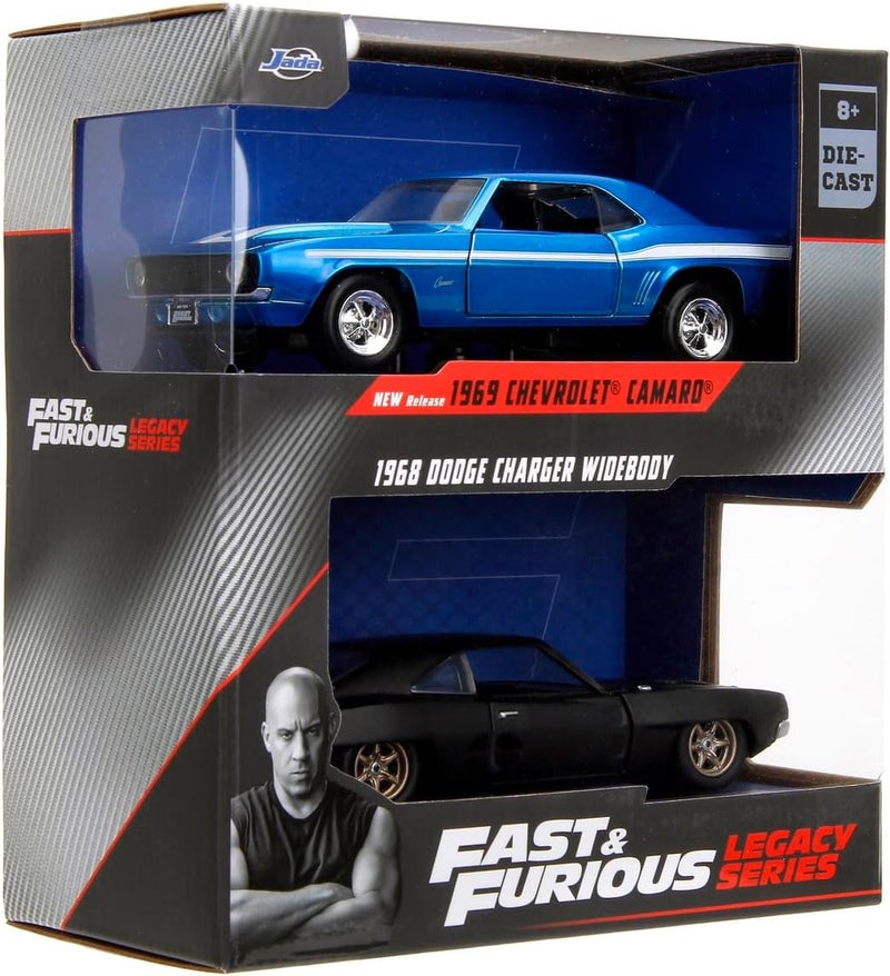 JADA Fast and Furious Legacy Series Twin Pack: 1969 Chevrolet Camaro and 1968 Dodge Charger Widebody with Opening Doors, Freewheel Vehicle, 1:32 Scale, Multicolored - Image 3