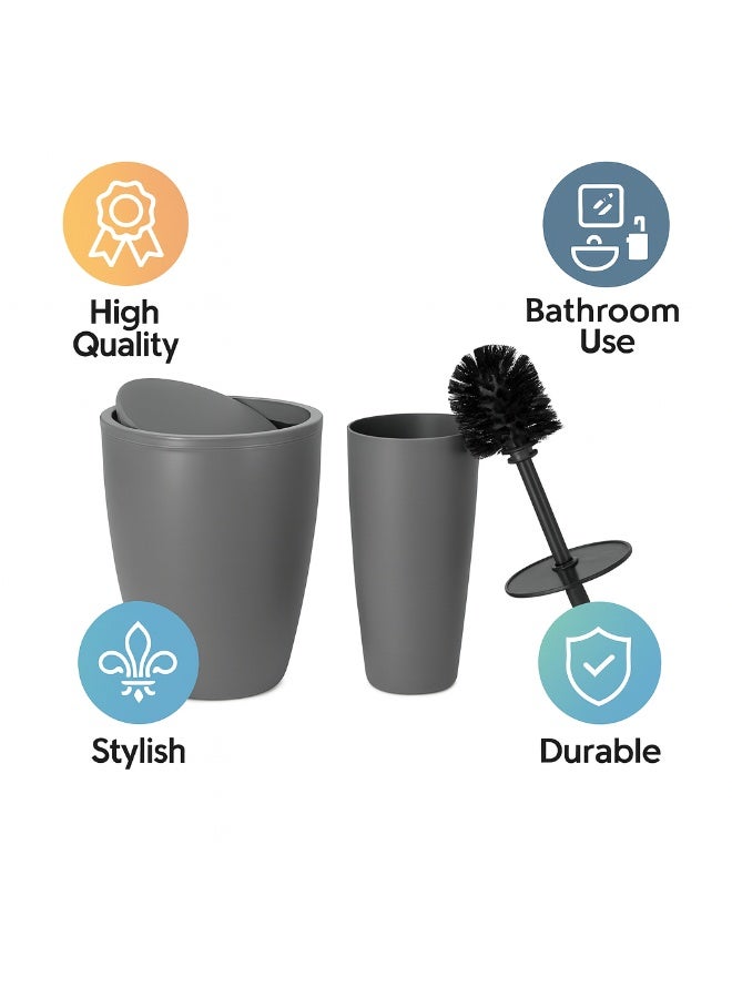 Primanova 2-Piece Matte Plastic Bathroom Set – 7.5 Liter Swing-Lid Waste Bin & Soft-Bristle Toilet Brush with Holder for Bathroom & Kitchen (Gray) - Image 4
