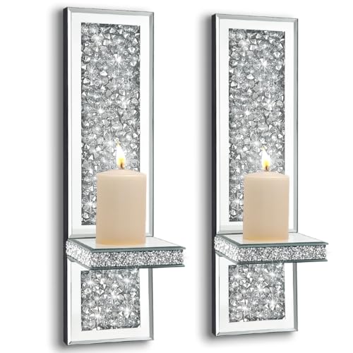 Pibeyer Crystal Crush Diamond Wall Candle Holder Set of 2, Silver Mirrored Candle Sconces, Home Wall Decoration for Living Room,Dining Room & Bedroom - Image 3
