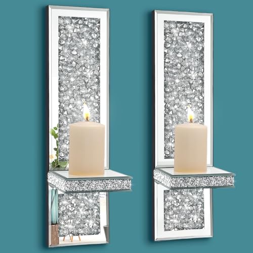Pibeyer Crystal Crush Diamond Wall Candle Holder Set of 2, Silver Mirrored Candle Sconces, Home Wall Decoration for Living Room,Dining Room & Bedroom - Image 1