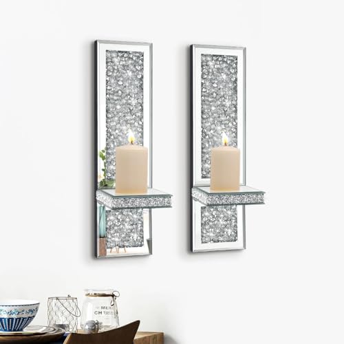 Pibeyer Crystal Crush Diamond Wall Candle Holder Set of 2, Silver Mirrored Candle Sconces, Home Wall Decoration for Living Room,Dining Room & Bedroom - Image 4
