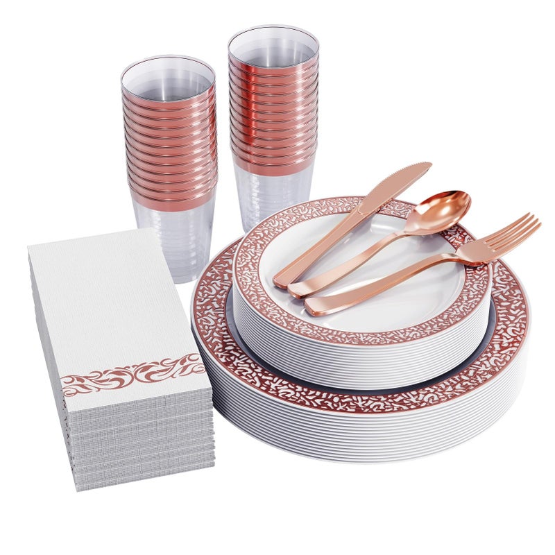 طقم أدوات المائدة FOCUSLINE 175 Ct باللون الوردي الذهبي لـ 25 ضيفًا أطباق بلاستيكية بيضاء بتصميم حافة دانتيل وردي ذهبي بما في ذلك 25 طبق عشاء وحلويات وأكواب ومناشف ومجموعة أدوات مائدة قابلة للتصرف