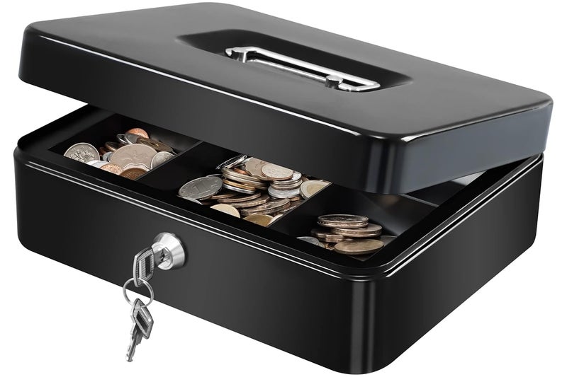 KYODOLED Large Metal Cash Box with Money Tray and Lock,Money Box with Cash Tray,Cash Drawer,9.84"x 7.87"x 3.54" Black Large - Image 1
