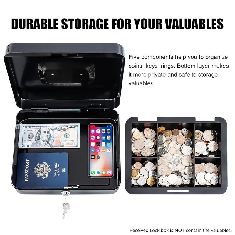 KYODOLED Large Metal Cash Box with Money Tray and Lock,Money Box with Cash Tray,Cash Drawer,9.84"x 7.87"x 3.54" Black Large - Image 4