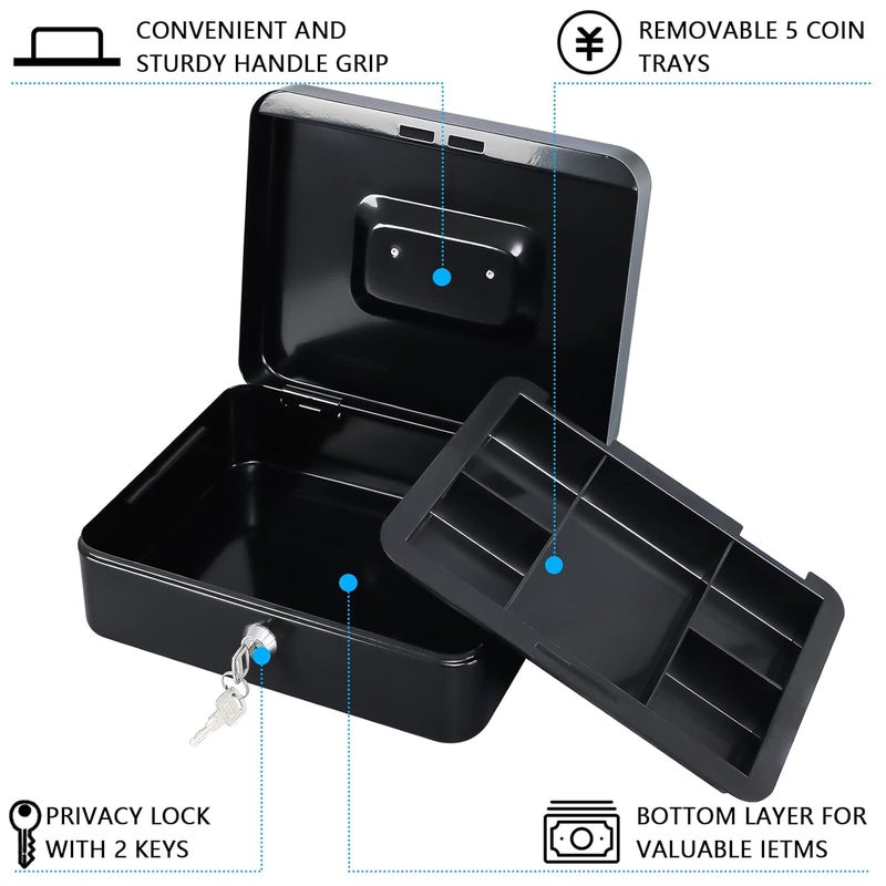 KYODOLED Large Metal Cash Box with Money Tray and Lock,Money Box with Cash Tray,Cash Drawer,9.84"x 7.87"x 3.54" Black Large - Image 3