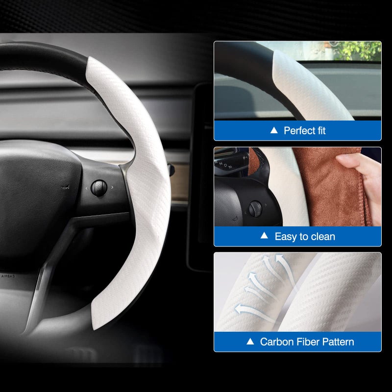 Canvcle Steering Wheel Cover for Telsa Model 3/Y 2016-2025 2026 Highland/Juniper Accessories Carbon Fiber Steering Wheel Cover Protector Non-Slip, Comfortable, Breathable, Model 3/Y Accessories, White - Image 2