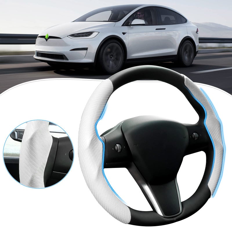 Canvcle Steering Wheel Cover for Telsa Model 3/Y 2016-2025 2026 Highland/Juniper Accessories Carbon Fiber Steering Wheel Cover Protector Non-Slip, Comfortable, Breathable, Model 3/Y Accessories, White - Image 1