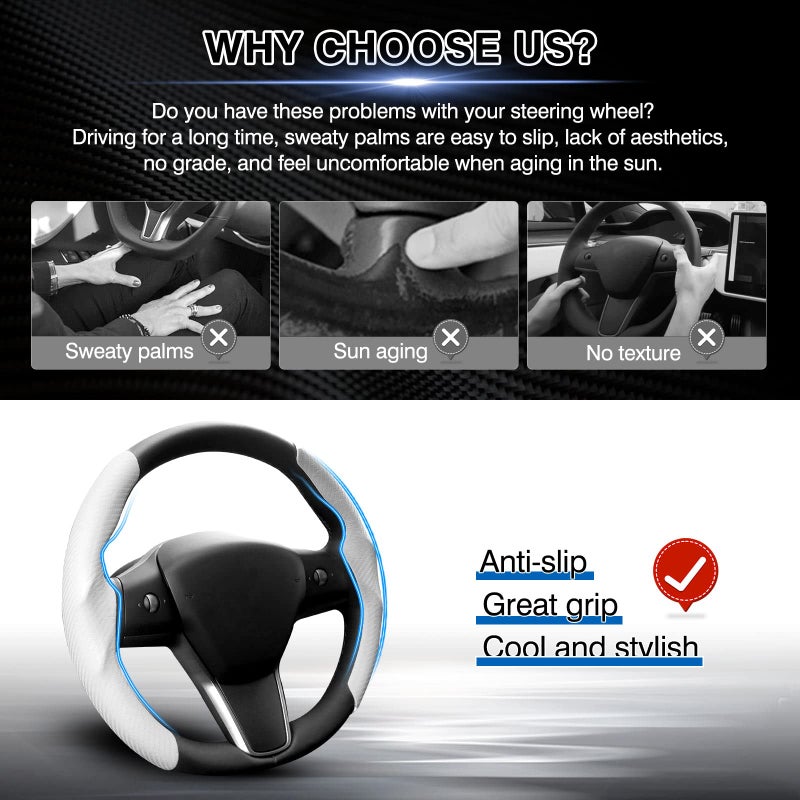 Canvcle Steering Wheel Cover for Telsa Model 3/Y 2016-2025 2026 Highland/Juniper Accessories Carbon Fiber Steering Wheel Cover Protector Non-Slip, Comfortable, Breathable, Model 3/Y Accessories, White - Image 3