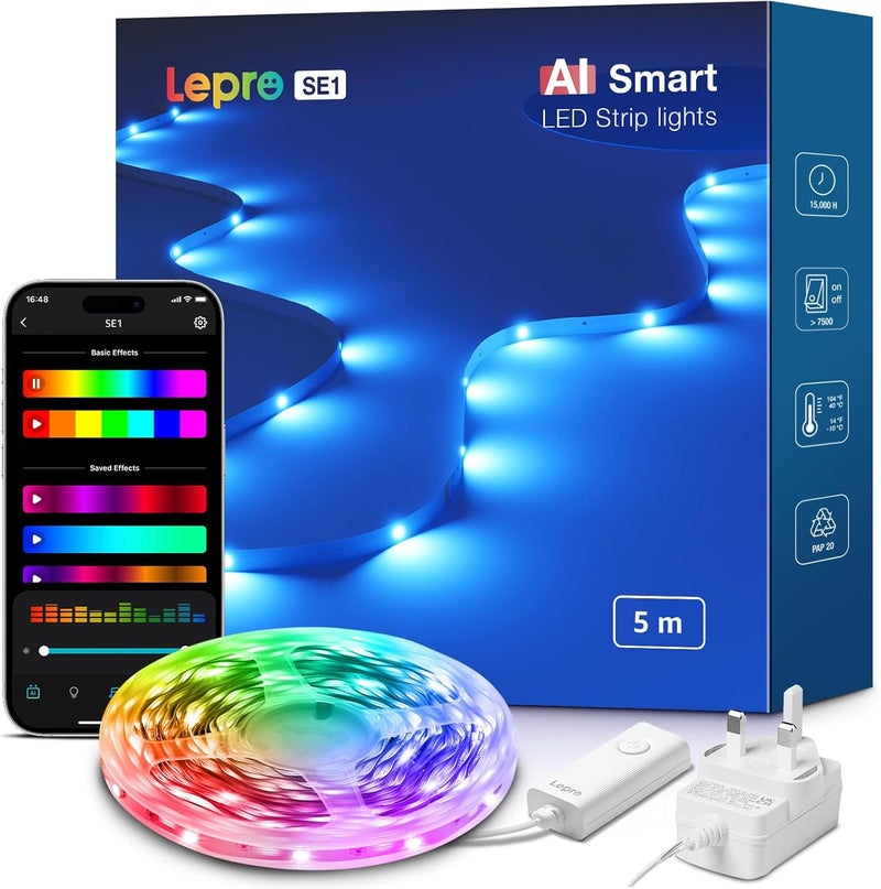 لايتنغ إيفر أضواء شريط LED ذكية RGB من Lepro SE1 بطول 5 أمتار، تحكم بالصوت والتطبيق، تعمل مع Alexa وGoogle Home، مزامنة الموسيقى، مساعد تصميم الإضاءة بالذكاء الاصطناعي، أضواء LED متغيرة الألوان لغرفة النوم، واي فاي 2.4 جيجاهرتز، بدون جهاز تحكم عن بعد - Image 1
