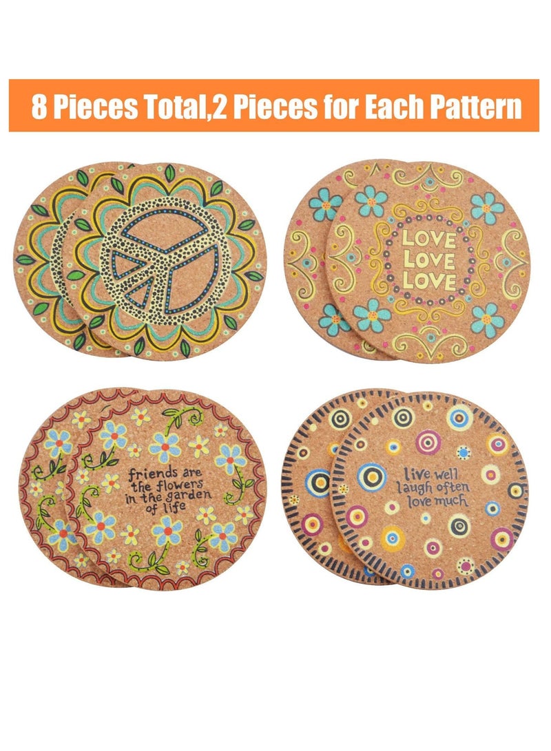 Cork Coasters for Drinks, 8 Pieces of Natural Absorbent Cork Cup Mat Heat-Resistant Drink Coaster - 4 Styles for Kinds of Cups with 2 Pieces of Organza Bags, 4 Inches
