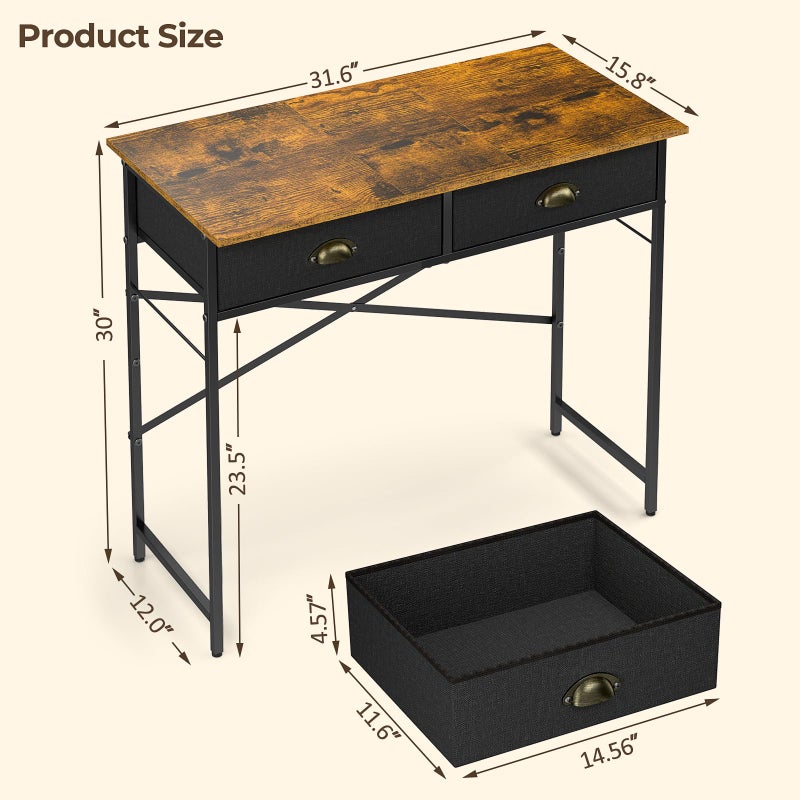 DAOUTIME Small Writing Desk for Kids Bedroom, 31.5 Inch Computer Desk for Small Spaces, Simple Desk with 2 Fabric Drawers for Home Office, Dorm, Living Room, Home Study Table, Rustic Brown - Image 3