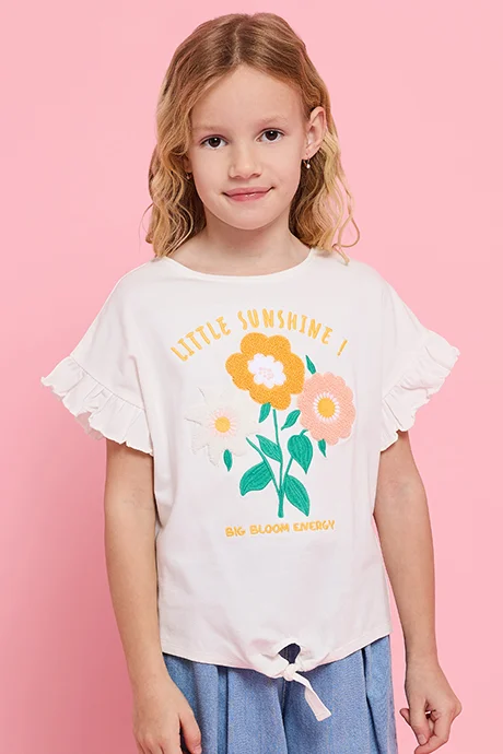 R&B Printed Top with Crew Neck and Flutter Sleeves