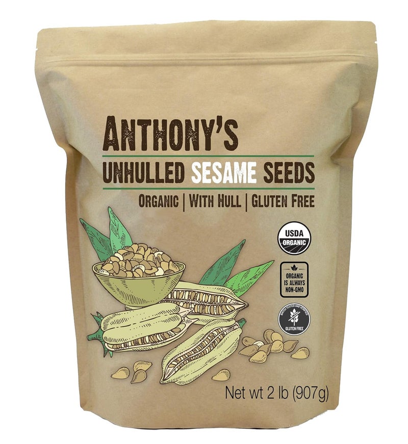 Anthony's بذور السمسم، 2 رطل، غير مقشورة، مختبرة ومعتمدة خالية من الغلوتين، مع القشرة، مناسبة للكيتو - Image 1