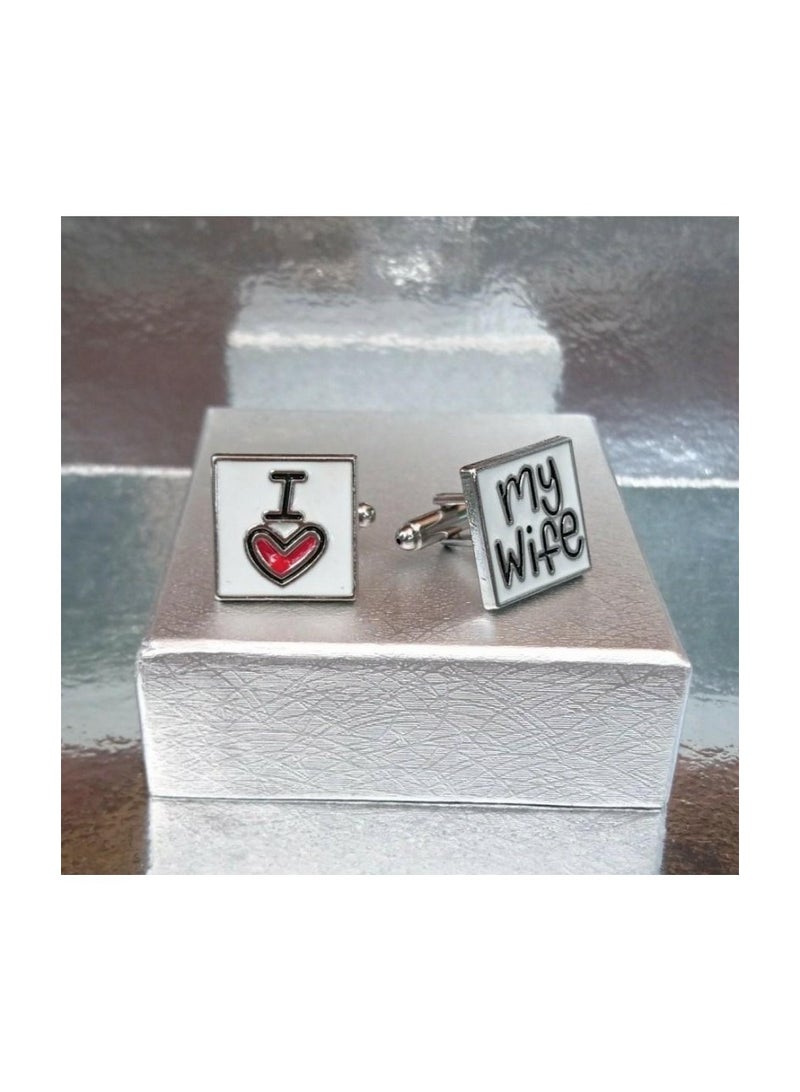 Men's square shirt cufflinks with white background and I love my wife written in black - Image 5
