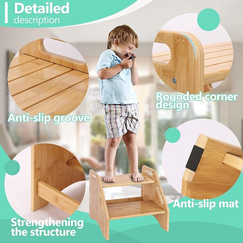 AMBIRD Wooden Step Stool, Two Step Stools Toddler 300 lbs Capacity with Safety Non-Slip Pads and Handles, Bamboo Step Stool for Bathroom, Kitchen Dual Height Step Stools for Kids (Natural) - Image 3