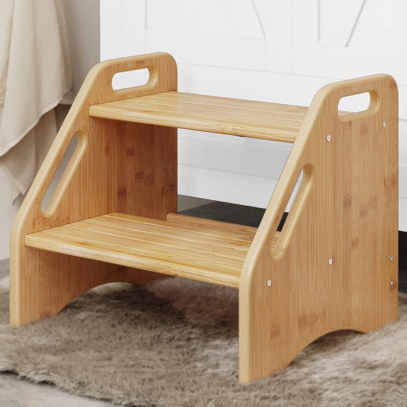 AMBIRD Wooden Step Stool, Two Step Stools Toddler 300 lbs Capacity with Safety Non-Slip Pads and Handles, Bamboo Step Stool for Bathroom, Kitchen Dual Height Step Stools for Kids (Natural) - Image 1