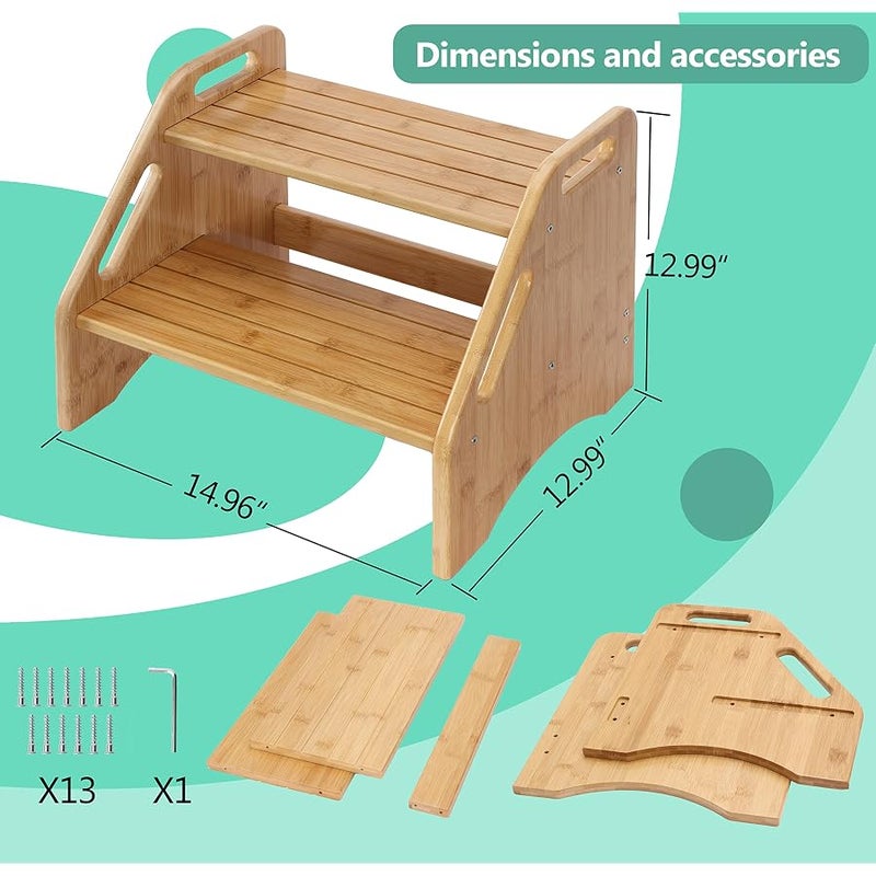 AMBIRD Wooden Step Stool, Two Step Stools Toddler 300 lbs Capacity with Safety Non-Slip Pads and Handles, Bamboo Step Stool for Bathroom, Kitchen Dual Height Step Stools for Kids (Natural) - Image 5