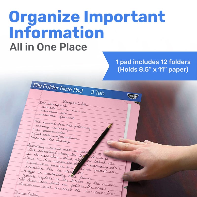 Find It File Folder Notepad - Pack of 12-9.5 x 12.5 Inch Notebook Organizer Folders for Filing, Document, and Clipboard Organization - Pink - Image 2