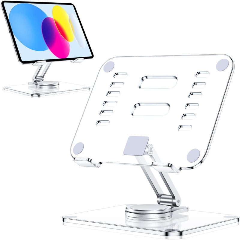 CreaDream Acrylic Tablet Stand Holder with 360 Rotating Base, Foldable Adjustable Transparent Tablet Holder for Desk Home Office, Compatible with iPad Pro Air Mini and More, Clear - Image 1