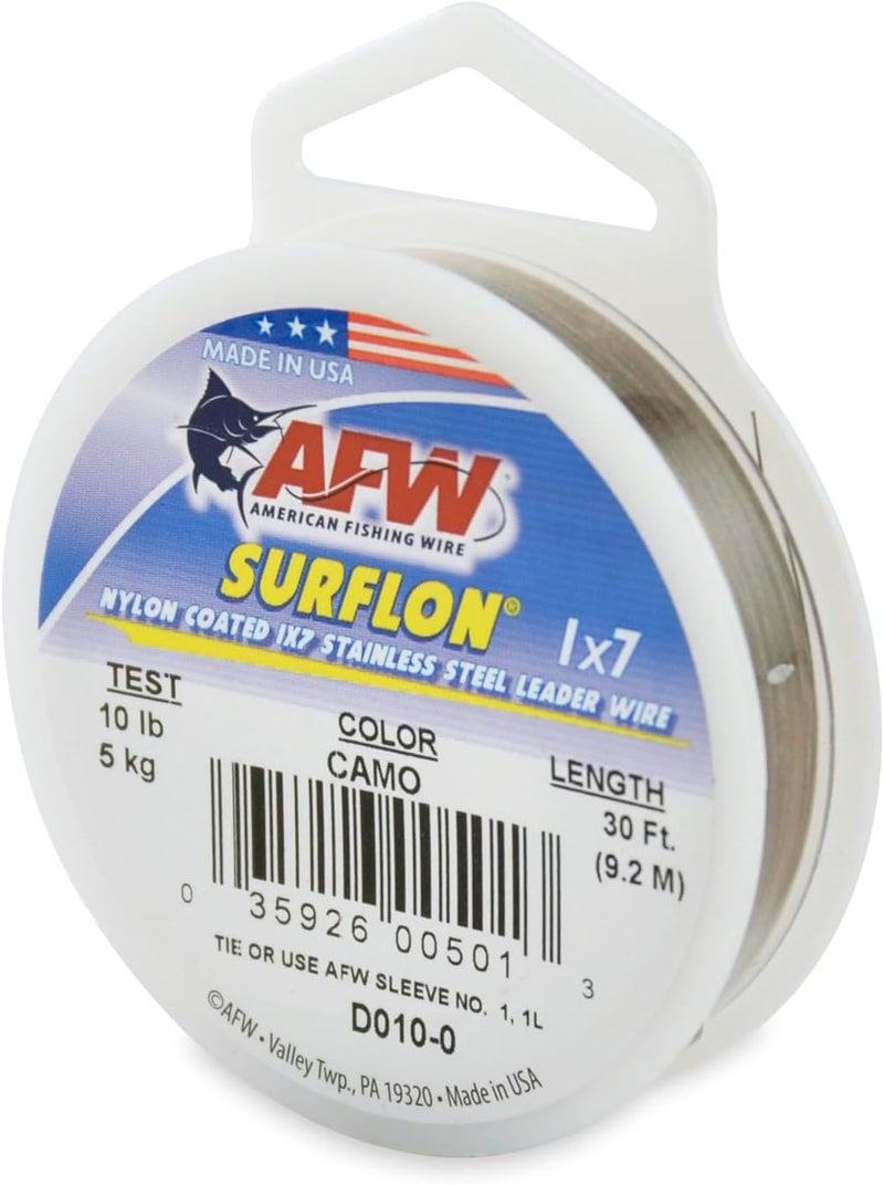 AFW American Fishing Wire Surflon Nylon Coated 1x7 Stainless Steel Leader Wire - Fishing Leader Line for Saltwater, 10lb Test - 250lb Test in Bright, Black, Camo in 30ft, 100ft, 300ft and 1,000ft Lengths - Image 1