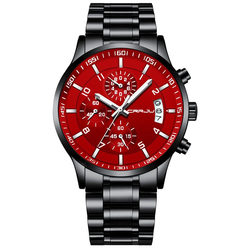 CRRJU Watches Men's Fashion Luxury Stainless Steel Watches Date Waterproof Chronograph Wristwatches,Casual Business Japan Movement Quartz Watch(Black red) - Image 1