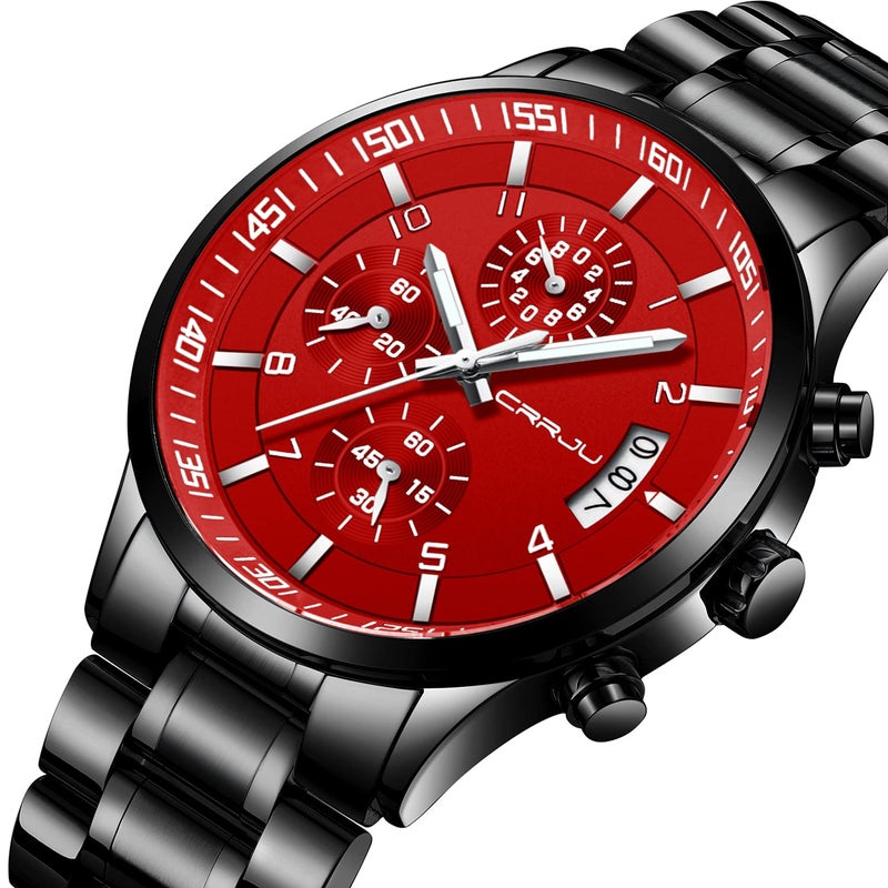 CRRJU Watches Men's Fashion Luxury Stainless Steel Watches Date Waterproof Chronograph Wristwatches,Casual Business Japan Movement Quartz Watch(Black red) - Image 2