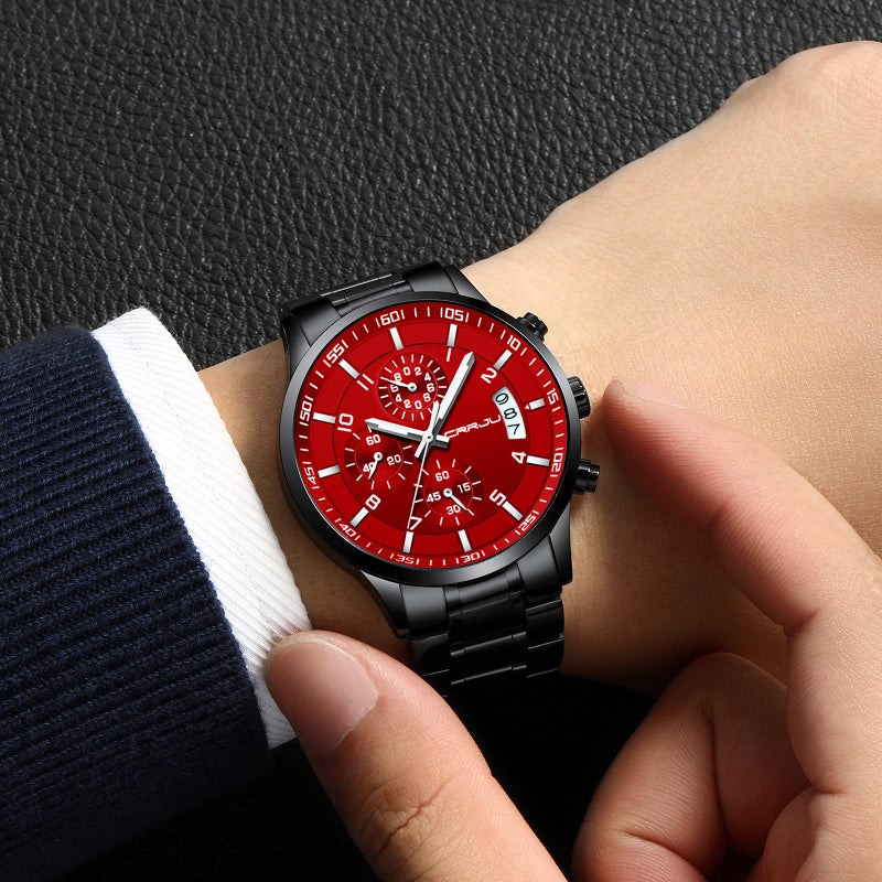 CRRJU Watches Men's Fashion Luxury Stainless Steel Watches Date Waterproof Chronograph Wristwatches,Casual Business Japan Movement Quartz Watch(Black red) - Image 5