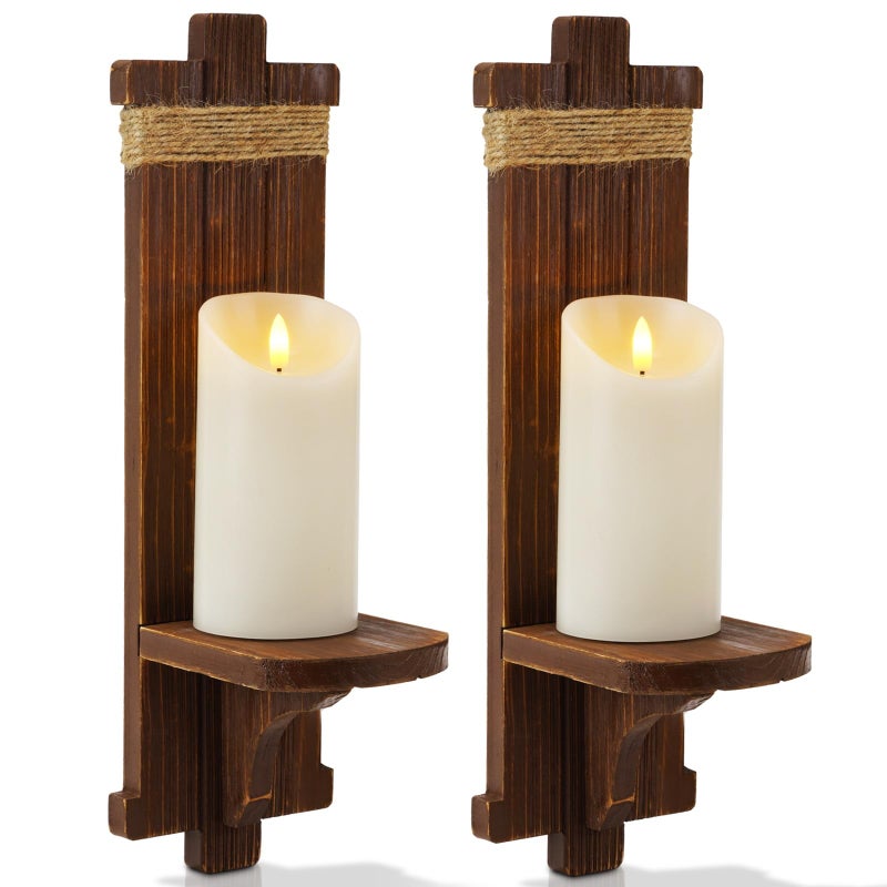 Homemory Wall Sconces Candle Holder Set of 2 Farmhouse Wooden Rustic Wall Decor for Living Room Dining Room Bedroom Bathroom Brown