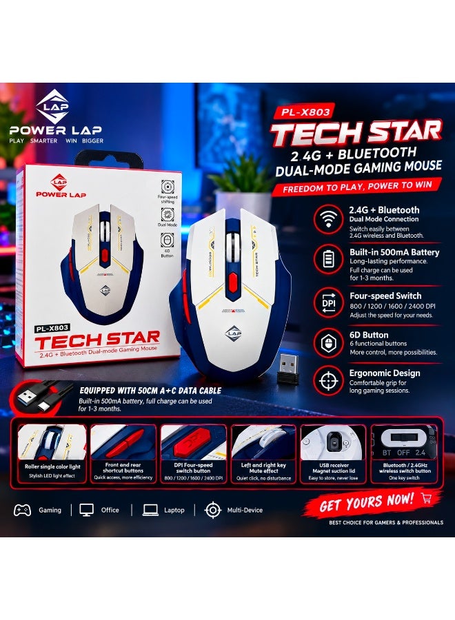 بور لاب  ماوس ألعاب لاسلكي مزدوج الوضع باور لاب PL-X803 تك ستار بـ 6 أزرار، أبيض/أزرق - Image 2
