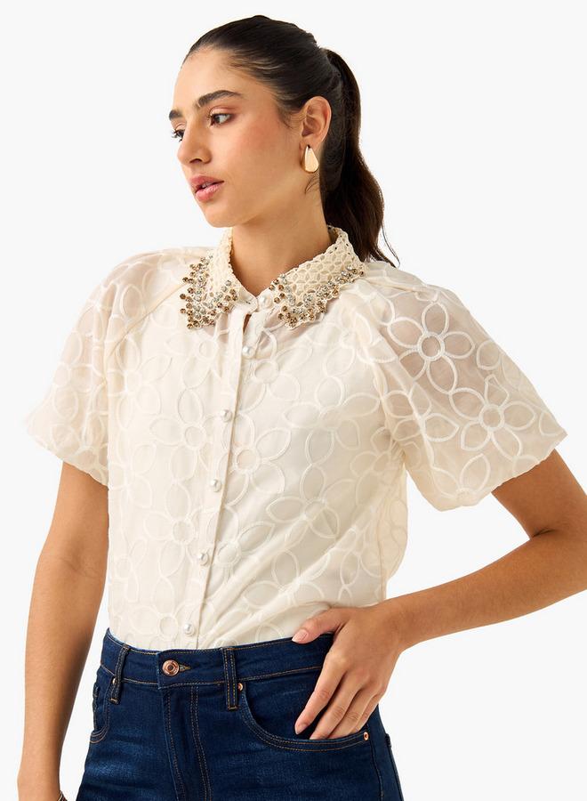 2Xtremz Floral Embroidered Shirt with Button Closure and Puff Sleeves - Image 1