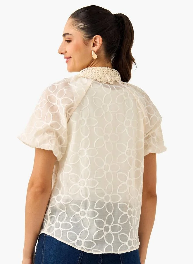 2Xtremz 2Xtremz Floral Embroidered Shirt with Button Closure and Puff Sleeves
