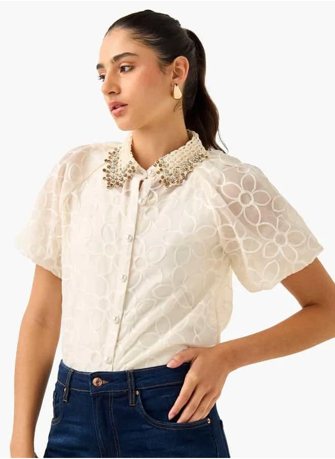 2Xtremz 2Xtremz Floral Embroidered Shirt with Button Closure and Puff Sleeves