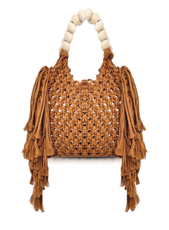 QTKJ Handbags for Women, Hand-woven Knitted Cotton Handbags, Tassel Woven Bag, Wooden Bead Handle, Shoulder Bag for Beach Vacation(Khaki) - Image 1