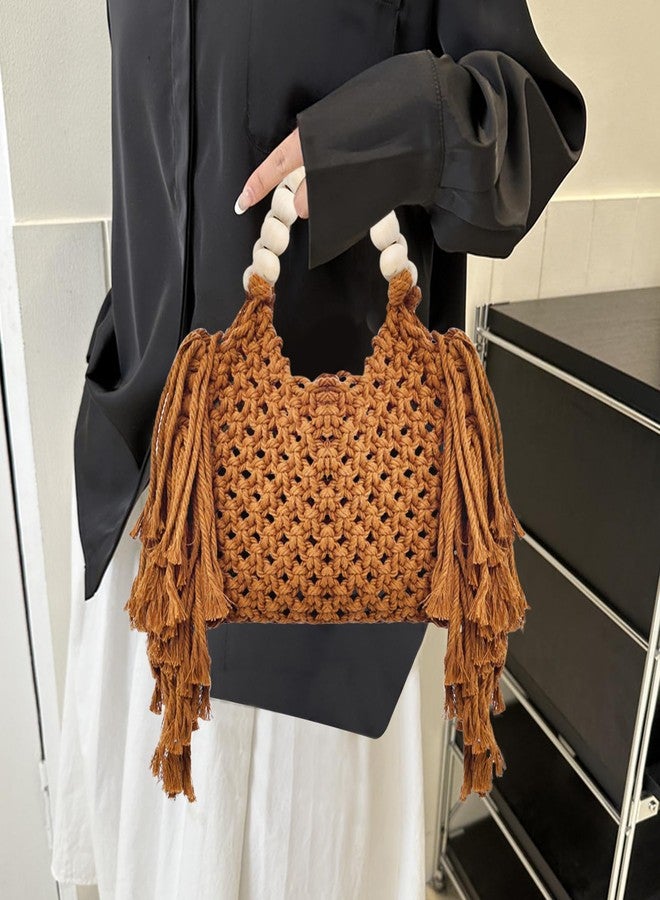 QTKJ Handbags for Women, Hand-woven Knitted Cotton Handbags, Tassel Woven Bag, Wooden Bead Handle, Shoulder Bag for Beach Vacation(Khaki) - Image 5