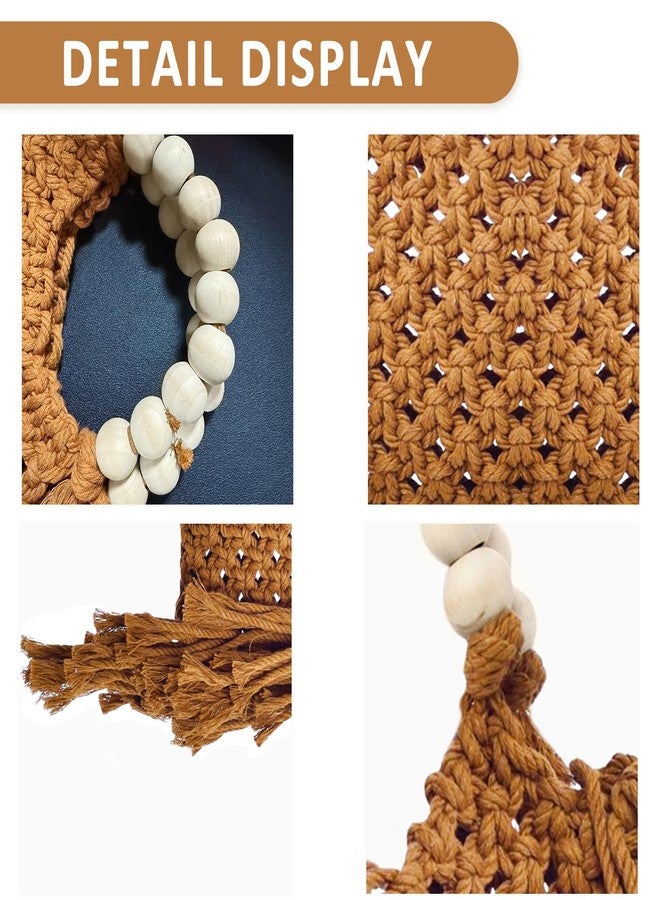 QTKJ Handbags for Women, Hand-woven Knitted Cotton Handbags, Tassel Woven Bag, Wooden Bead Handle, Shoulder Bag for Beach Vacation(Khaki) - Image 3