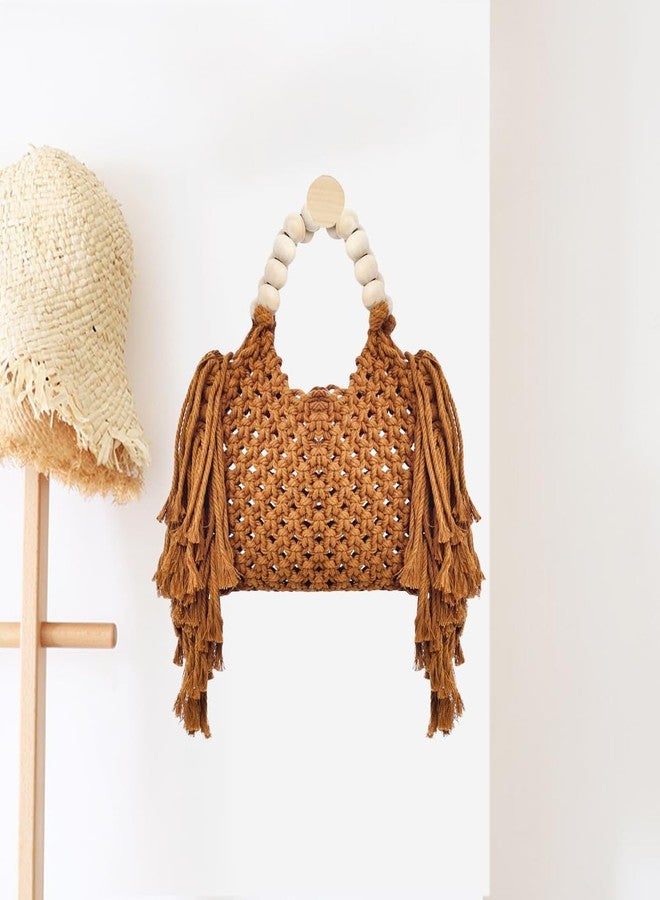 QTKJ Handbags for Women, Hand-woven Knitted Cotton Handbags, Tassel Woven Bag, Wooden Bead Handle, Shoulder Bag for Beach Vacation(Khaki) - Image 4